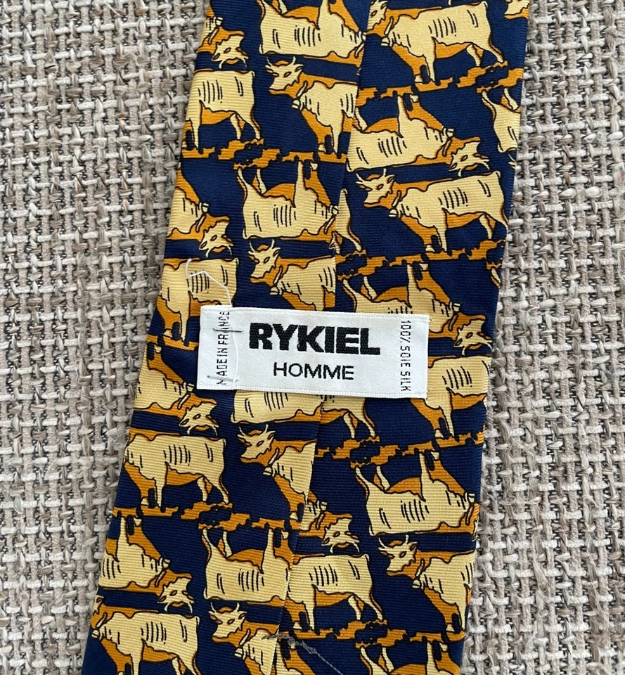 正品复古 SONIA RYKIEL 蓝色黄色奶牛丝绸领带法国制造 — 第 3/4 张图片