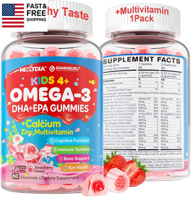 Omega 3 (EPA/DHA) Filled Gummies for Kids Teen with Multivitamin, Calcium + D3