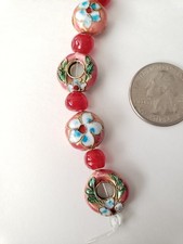 Cloisonne Floral Peach Metal Beads With Handmade Glass Beads 8 PC  A22 