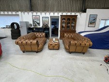 2 Large Chesterfield Leather Sofa Settee, Brown, 3 Seater, 2 Chairs, 1 Footstool