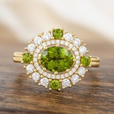 Vintage Style Peridot  Diamond Halo Ring 14k Gold August Birthstone  1050