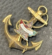VINTAGE Montreal Anchor Shaped Maple Leaf Brooch Pin Nautical Gold Toned Enamel