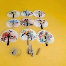 12- Vintage Asian Art Pleated Paper Folding Fan Metal Handle w/Clasp China