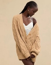 Aerie Oversized Cable Cardigan Tan Chunky Knit Size Small