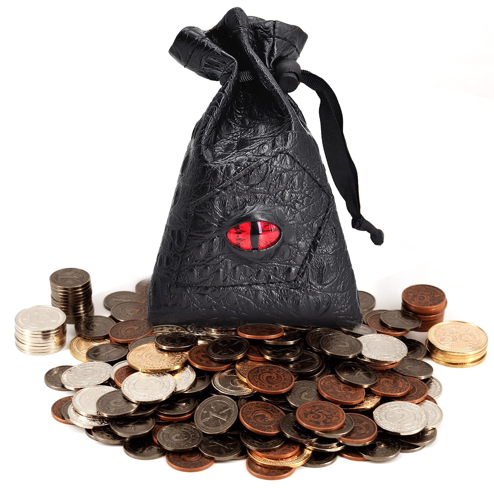 DND Metal Coins Set of 60 with Leather Pouch - Gaming Tokens, Pirate Treasure, A