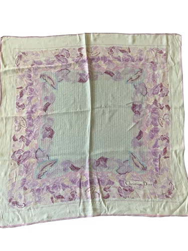 Foulard vintage Christian Dior soie mélangée carré 25" lavande crème feuilles délicat