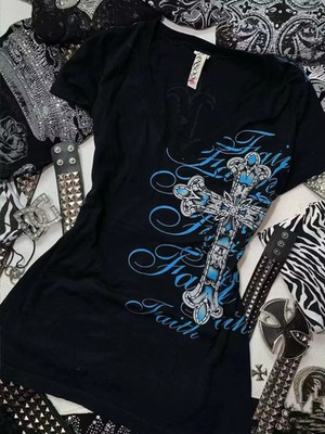 grape　輸入品　レア　デザイナーズブランド　y2k　faithtokyo　黒 Women Gothic Cross Graphic T Shirt Y2K Faith Streetwear Top | eBay
