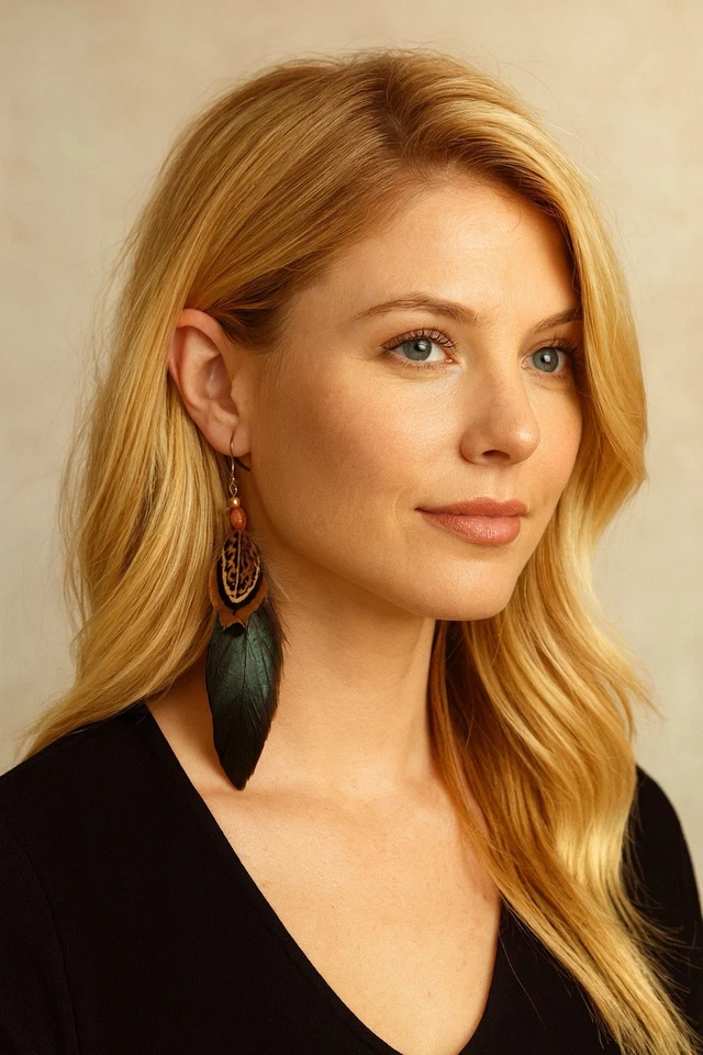 Pendientes Pluma Bronce Natural Negro Hackle con Tapa de Faisán Foto 2 de 4