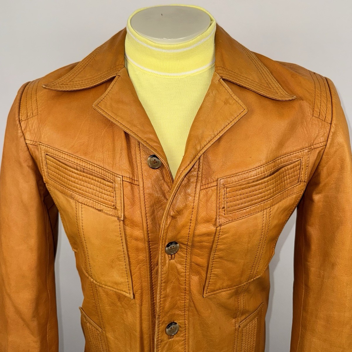 Vintage 70s Leather Jacket Mens Trench Coat Orange Mod Dandy Disco