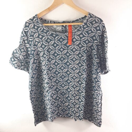 Ewa I Walla Top Größe 16 Seide Baumwolle Geometrisch Blau Knopfleiste Boho Muster