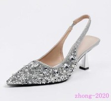 Women's Pointed Toe Rhinestone Sandals Slip on Mid Heels Casual Club Dress Shoes