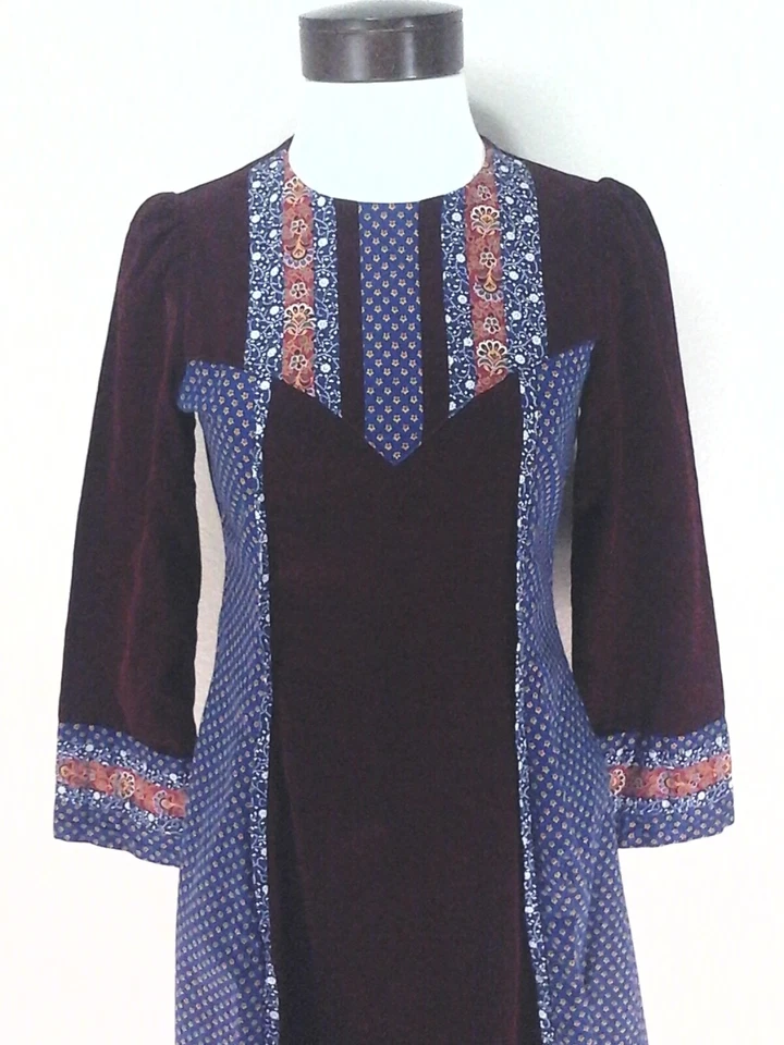 Vestido Vintage Pradera Borgoña Pana Azul Multi Floral Boho Maxi XS ¡RARO! Foto 4 de 4