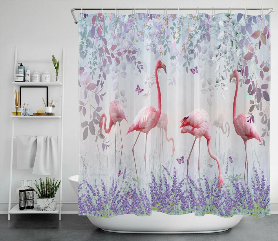 Pink Flamingo Purple Lavender Plant Butterfly Shower Curtain Set Bathroom Decor - Image 2 of 4