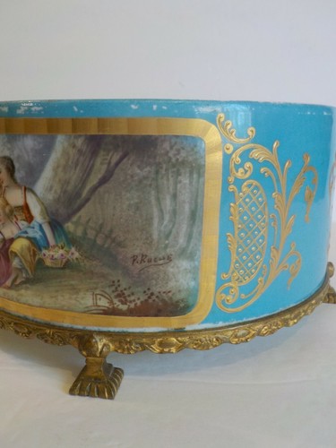 19th C. Sevres Style French Porcelain Planter / Jardiniere, Bronze Mounts - Picture 9 of 12