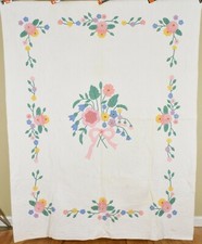 30's Vintage Floral Bouquet Applique Antique Quilt Exceptional Hand Quilting 