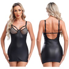 Women's Sexy PU Leather Lingerie Hollow out Mini Bodycon Sleeveless Pencil Dress