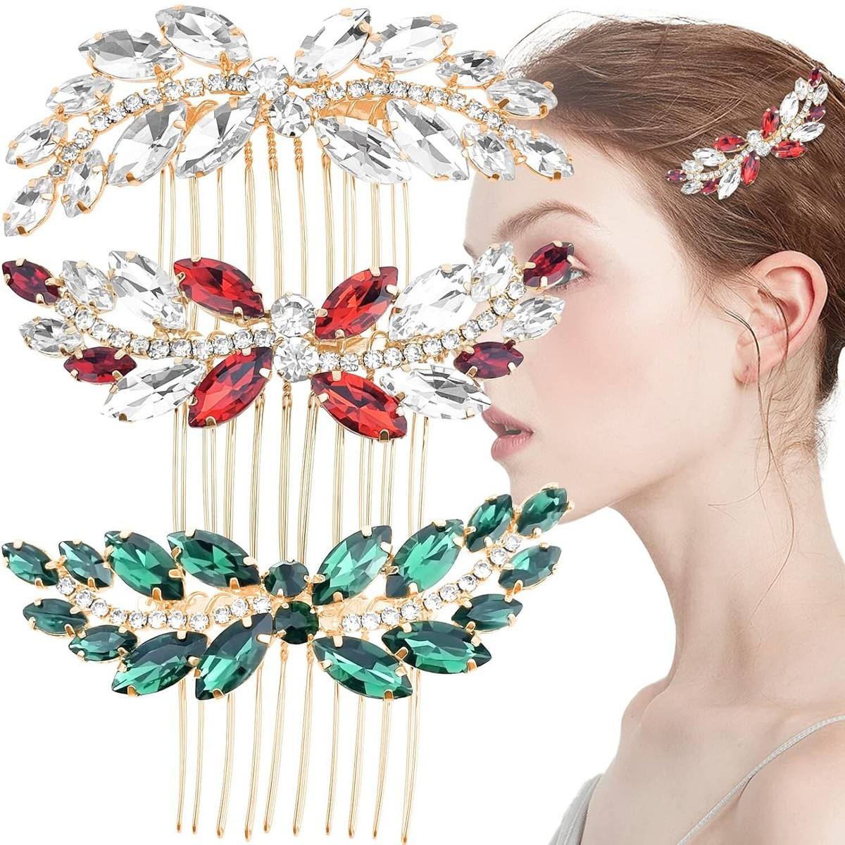 Vintage Rhinestone Decorative Hair Comb Clip Amazon.com : 4 PCS Leaf Hair Side Combs Gold Rhinestone Hair  main image 3
