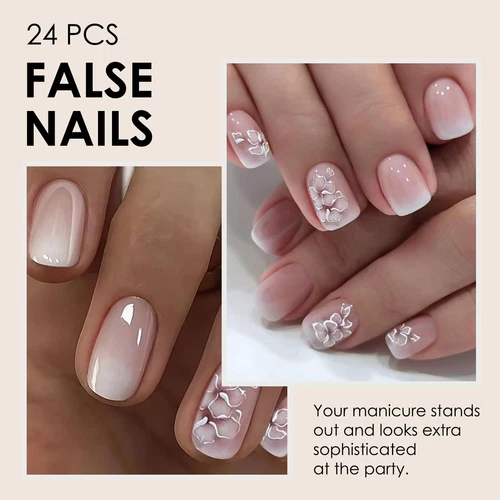 False Nails Short Square French Ombre Flower Design 24pk + nail tabs Full Cover - Picture 5 of 8