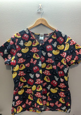 Disney Scrub Top LG Gray Mickey/shoes/Bows/hearts, small defects- see pics