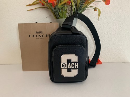 NWT Coach CAJ39 Racer Sling Pack with Varsity Motif Pebble Leather Black/Chalk