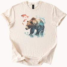 Grizzly Bear Fishing Watercolor Graphic Nature Hiking Wildlife Tee
