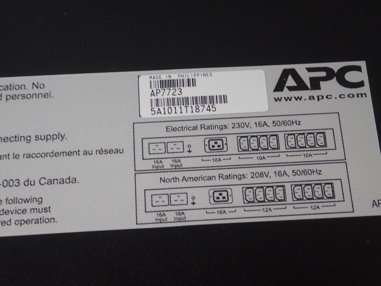 APC AP7723 Schnieder Electric Rack ATS Automatic Transfer Switch 208V ...