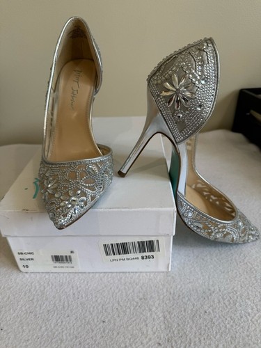 Betsey Johnson schicke Heels Größe 10 silber Kristall verziert Netz Hochzeit Party