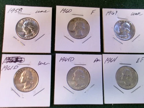 1 Lot of 6 Washington 90% Silver Quarters! F-UNC.