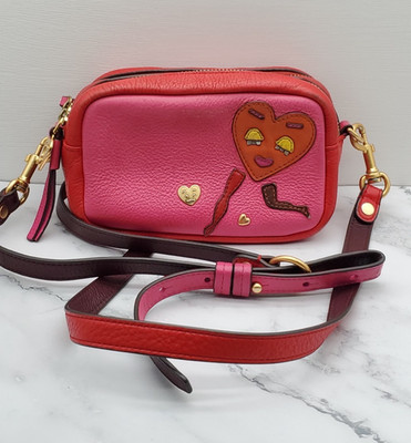 Tory Burch Perry Patchwork Hearts Mini Bag Red Pink Leather Crossbody Camera