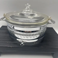 Vintage Pyrex round Casserole Dish with Lid and SilverHolder Floral Etched Lid.