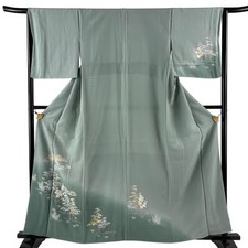 JAPANESE KIMONO TSUKESAGE gray-green 160cm 5 ft 3 in PURE SILK AA9863