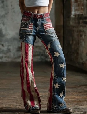 Women's Denim 3D Printed US Flag Decor Flared Stretch Pants Leggings Breathable