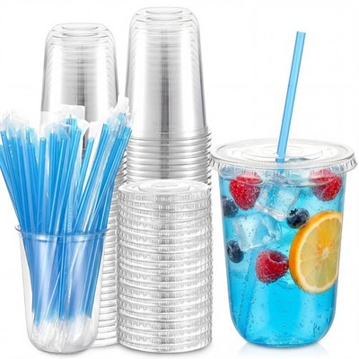 Ziliny 25 Pack 16 oz Clear Plastic Cups with Lids and Straws Disposable Iced ...