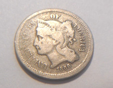 1866 Three Cent Nickel Piece 3C Ungraded Post-Civil War Date US Coin