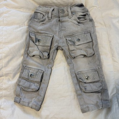 Girls Elite Gray Cargo Jean Pants Pockets Embellished 12M Adjustable Waist