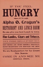 1920 Flyer / Broadside Alpha O. Cragun's Restaurant & Lunch Room Zionsville, In.