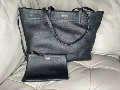 DKNY Black 100% Cow Leather Large Shoulder Tote Bag Gold Logo With with Pouch