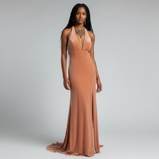 NWT Jovani Peach Evening Gown Pageant Rhinestone Necklace Deep V Cut Low Back 2