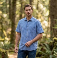 Drake Men's XL Blue White Flannel Shirt Short Sleeve w/Pocket Logo