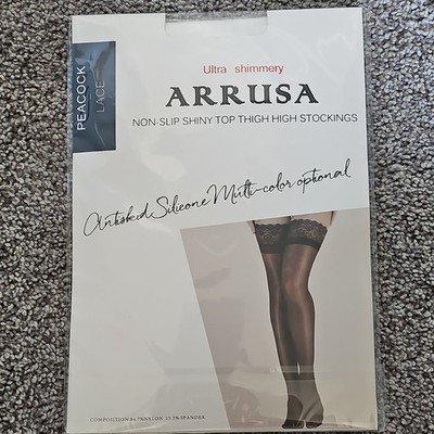 ARRUSA Ultra Shimmery Non-Slip Lace Trim Thigh High Stockings White One Size