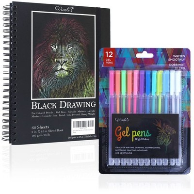 Vanli's Hardcover Black Paper Sketchbook & 12 Pack Ball Point Gel Pens 