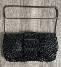 Vintage LORD TAYLOR Black Beaded Evening Shoulder Bag with Bronze Metal Strap
