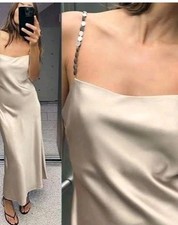 Zara NWT Champagne Beige Satin-effect Midi Slip Dress With Chain Straps Size S