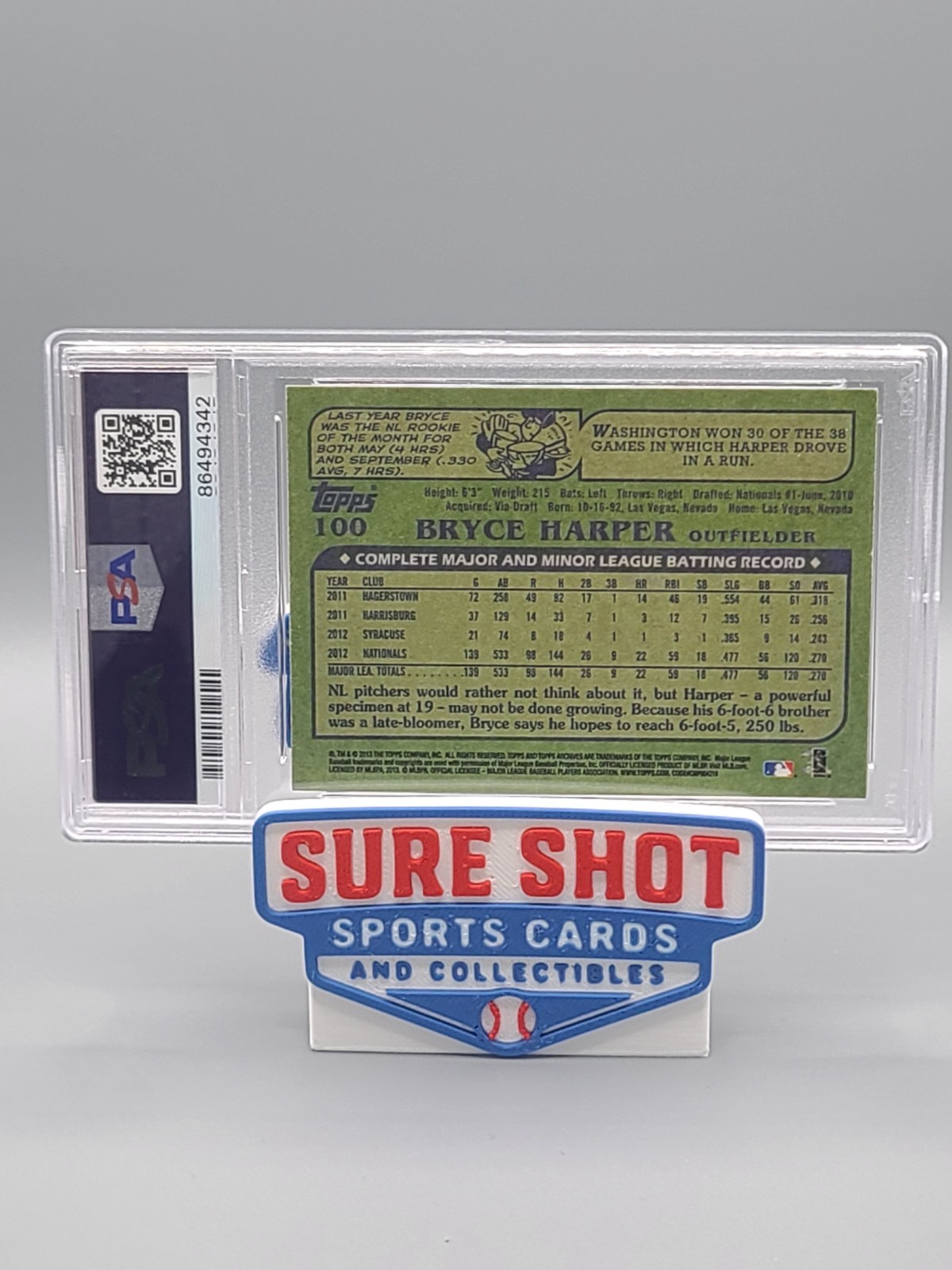 2013 TOPPS ARCHIVES #100 BRYCE HARPER WASHINGTON NATIONALS PSA 9 MINT view 2