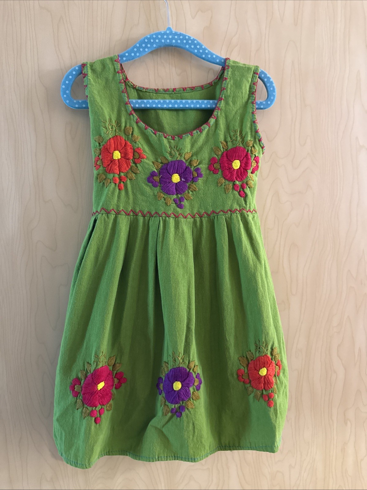 Mexican Dress Girls Floral Manta Hand-Embroidered Green Size 4