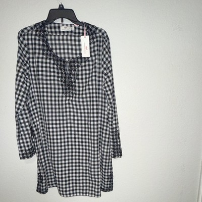 Vineyard Vines Beaded Check Split Neck Long Sleeve Tunic Blouse Black White L