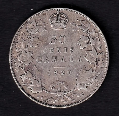 Canada 1929 50c Fifty Cent Silver Coin King George V F+ Fine+ .800 Silver