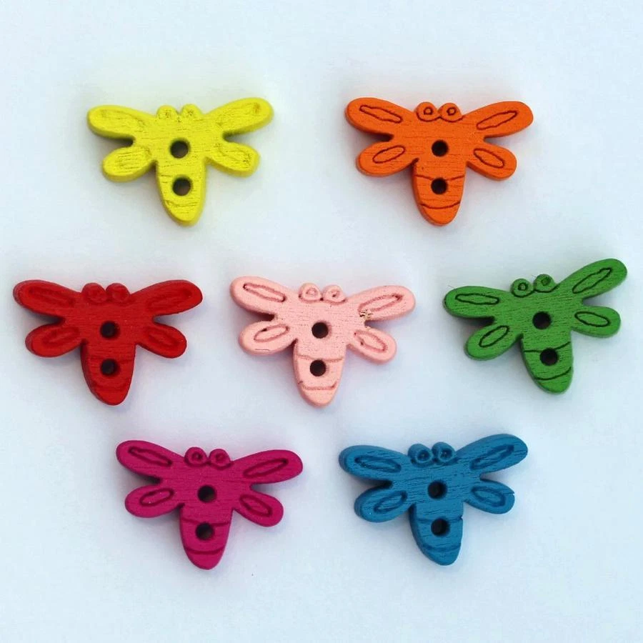 Boutons en Bois Fantaisie Libellule 16mm - Lot de 10 Multicolore - Photo 1/1