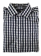 Tommy Hilfiger Men s Regular Fit Navy White Gingham Dress Shirt L 16-16.5 32/33