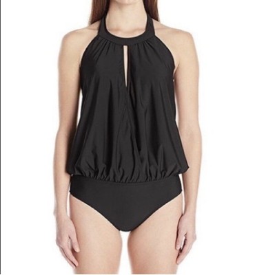 Athena One Piece Swimsuit Halter Plunge Black Size Small USA Made New